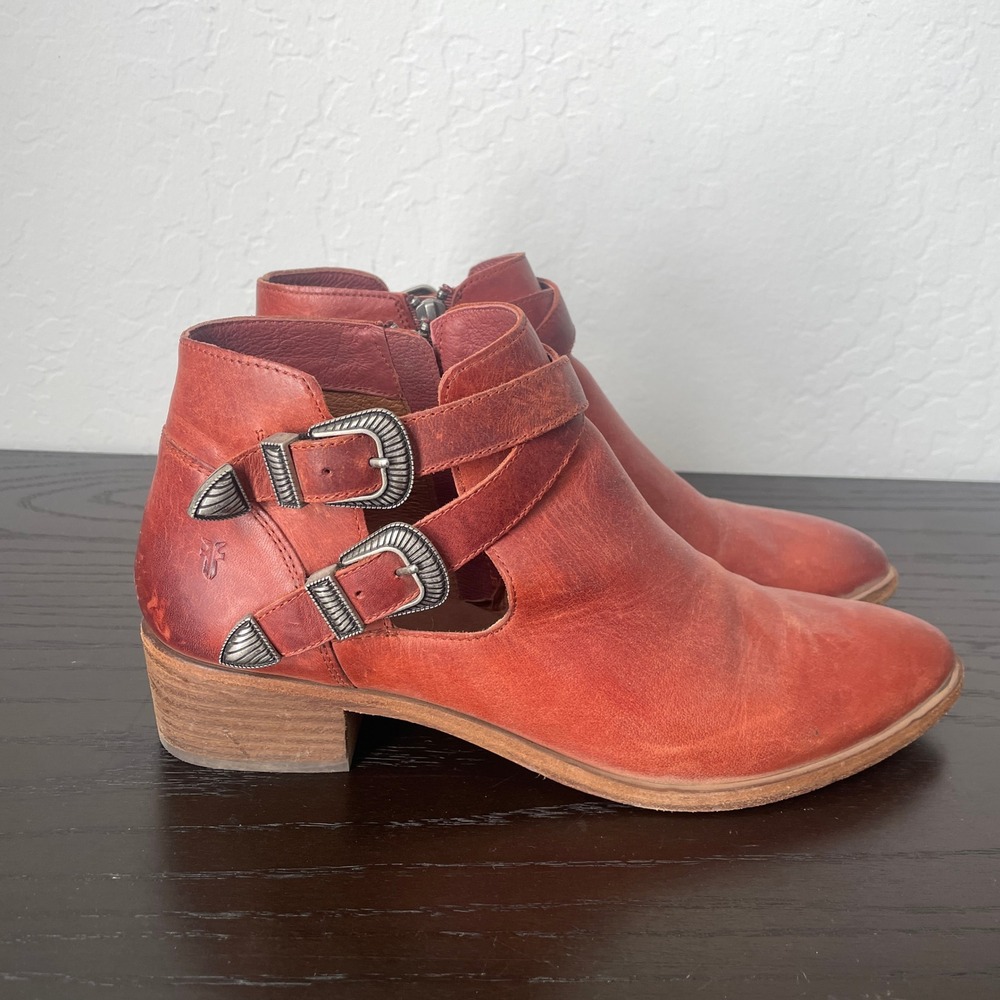 FRYE Women Ray Deco Western Shootie Ankle Boot Cognac Red Leather Size 10M